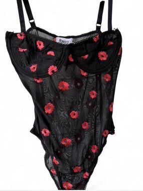 Princess Polly Black Mesh Floral-Accent Bodysuit